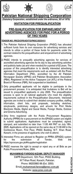 Pakistan National Shipping Corporation Karachi Tender Notice